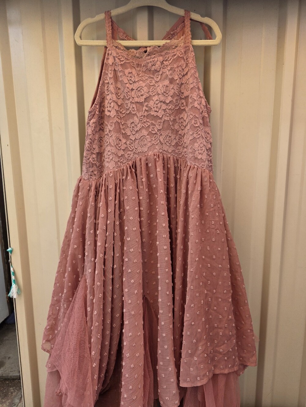 Joyfolie Girls Mauve Pink Lace Swiss Dot High-Low Handkerchief Dress Size 8